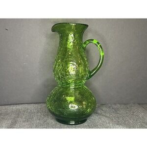 PILGRIM GLASS COMPANY CRACKLE‎ GLASS PITCHER IN GORGEOUS GREEN 8.5" TALL